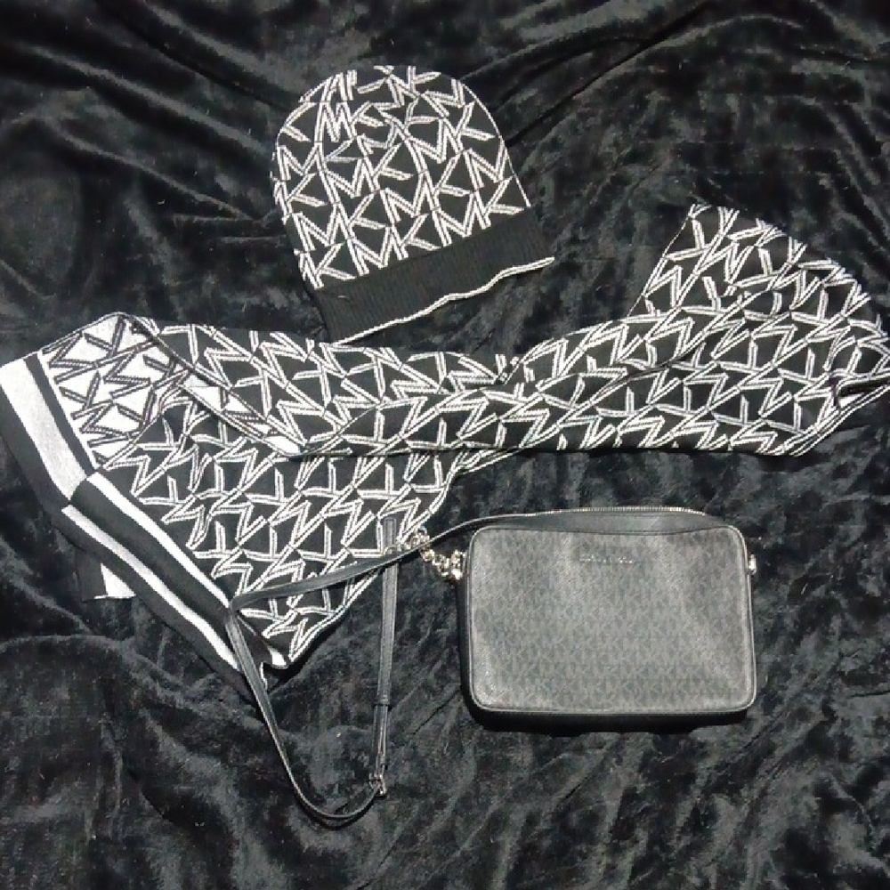 Michael Kors Black & White MK Monogram Scarf, Beanie & Crossbody Set